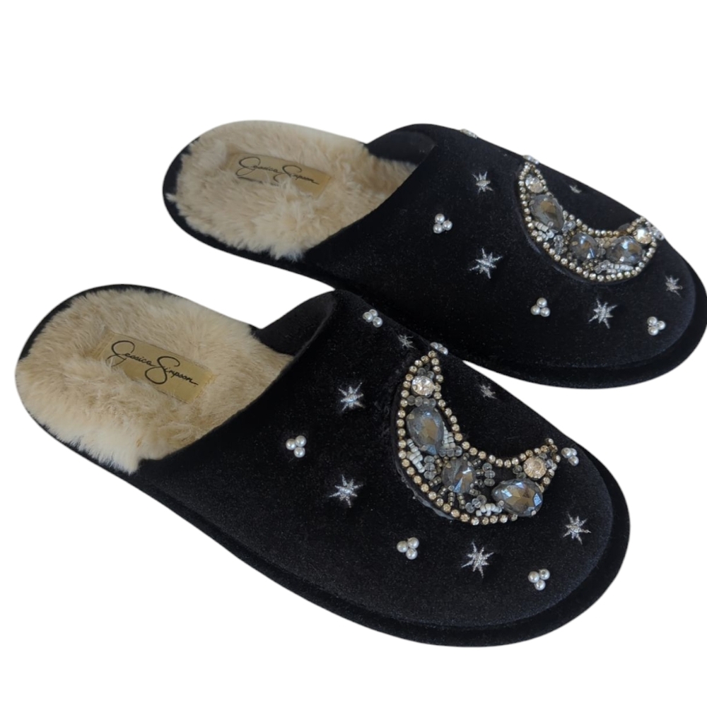 Jessica Simpson Faux Fur Velour Slip-On Moon & Stars Embellished Slippers M 7-8